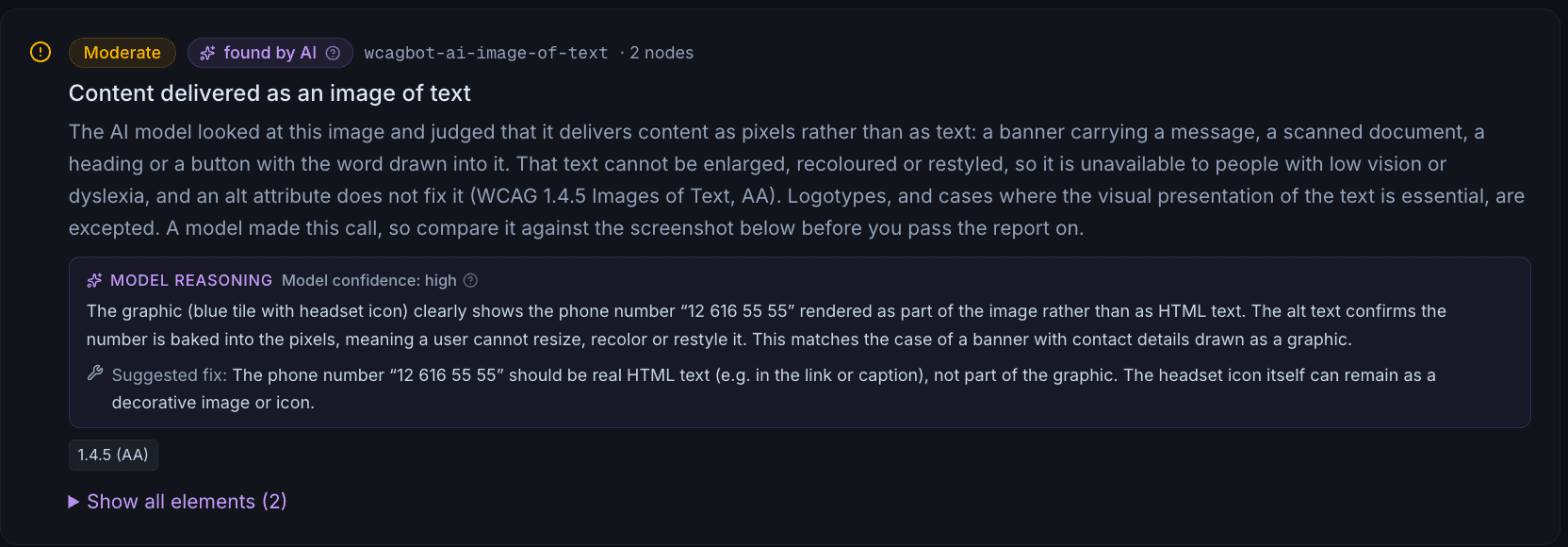 An AI auditor finding in a Kaveia report: a found by AI label, Moderate severity, criterion 1.4.5 AA, the model reasoning with its confidence level, and a suggested fix.